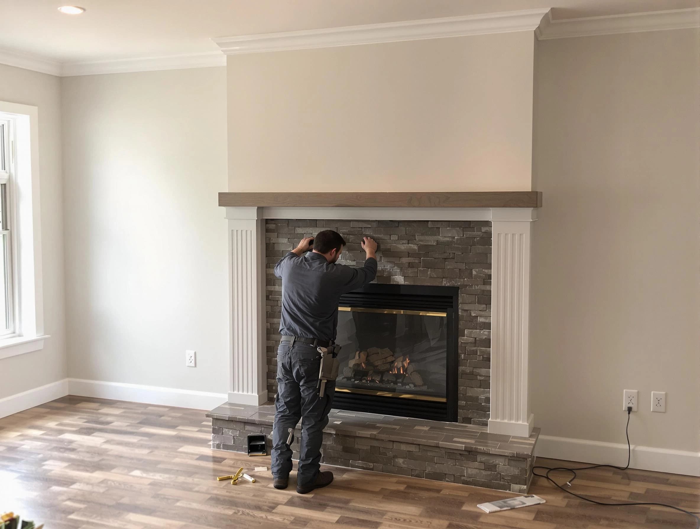 Babylon Chimney Sweep finishing a custom fireplace install in Babylon, NY