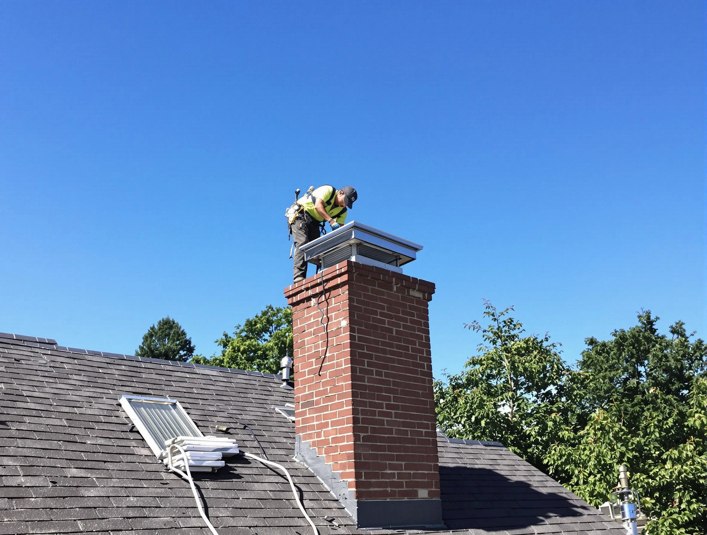 Babylon Chimney Sweep technician measuring a chimney cap in Babylon, NY