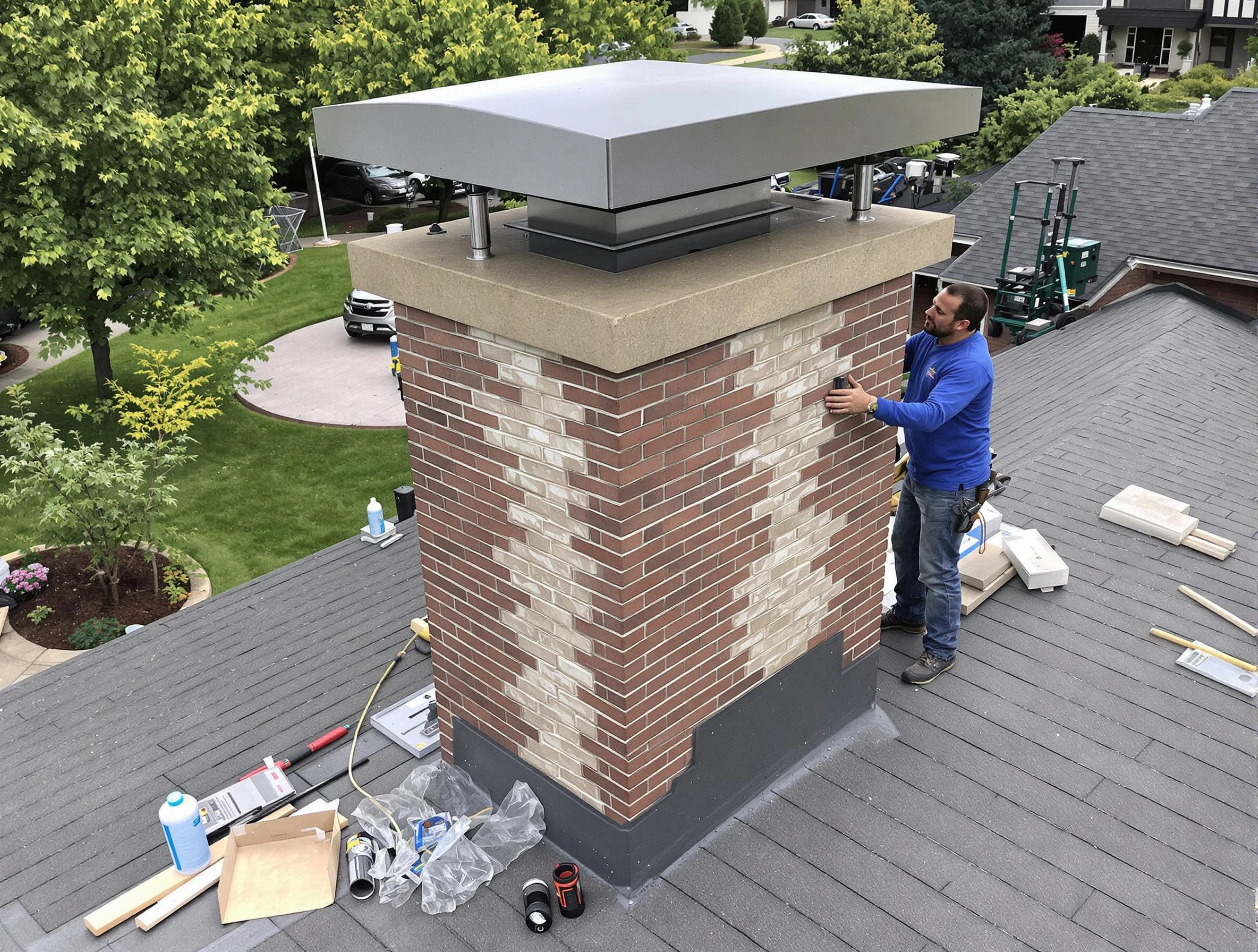 Babylon Chimney Sweep team working on a custom chimney remodel in Babylon, NY